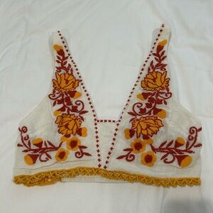 Free People White and Yellow Embroidered Crop Top